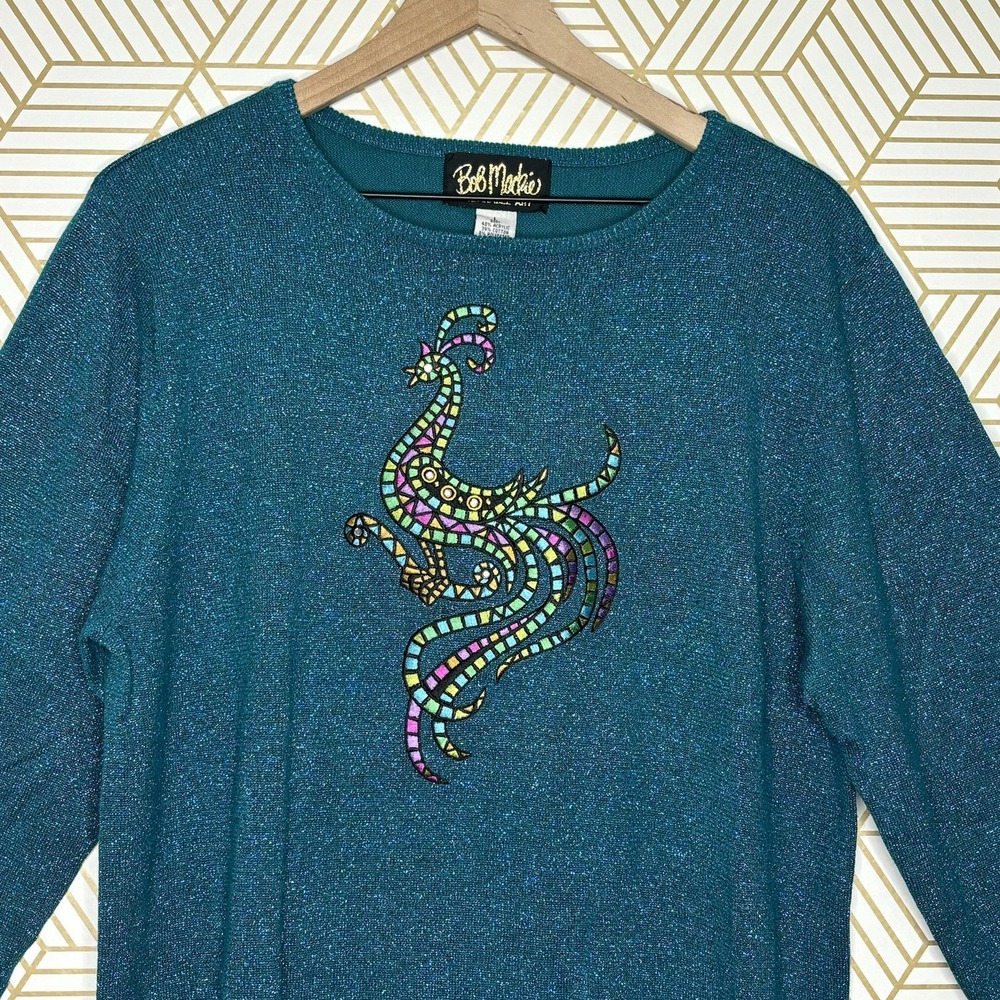 Bob Mackie Top Large Tunic Wearable Art Peacock Bird Bling Sequined 3/4 Sleeves